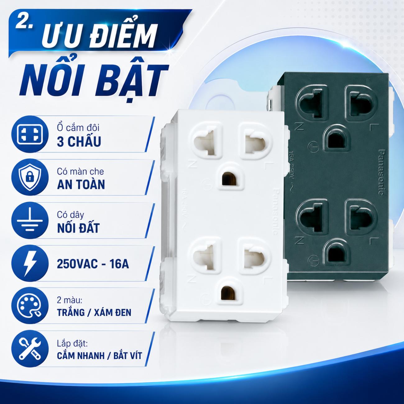 Ổ cắm đôi có màn che và dây nối đất Panasonic WIDE Series 250VAC – 16A